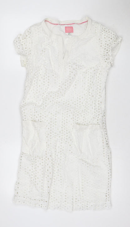 Joules Women White Cotton Broderie Shift Dress UK 12 Knee Length