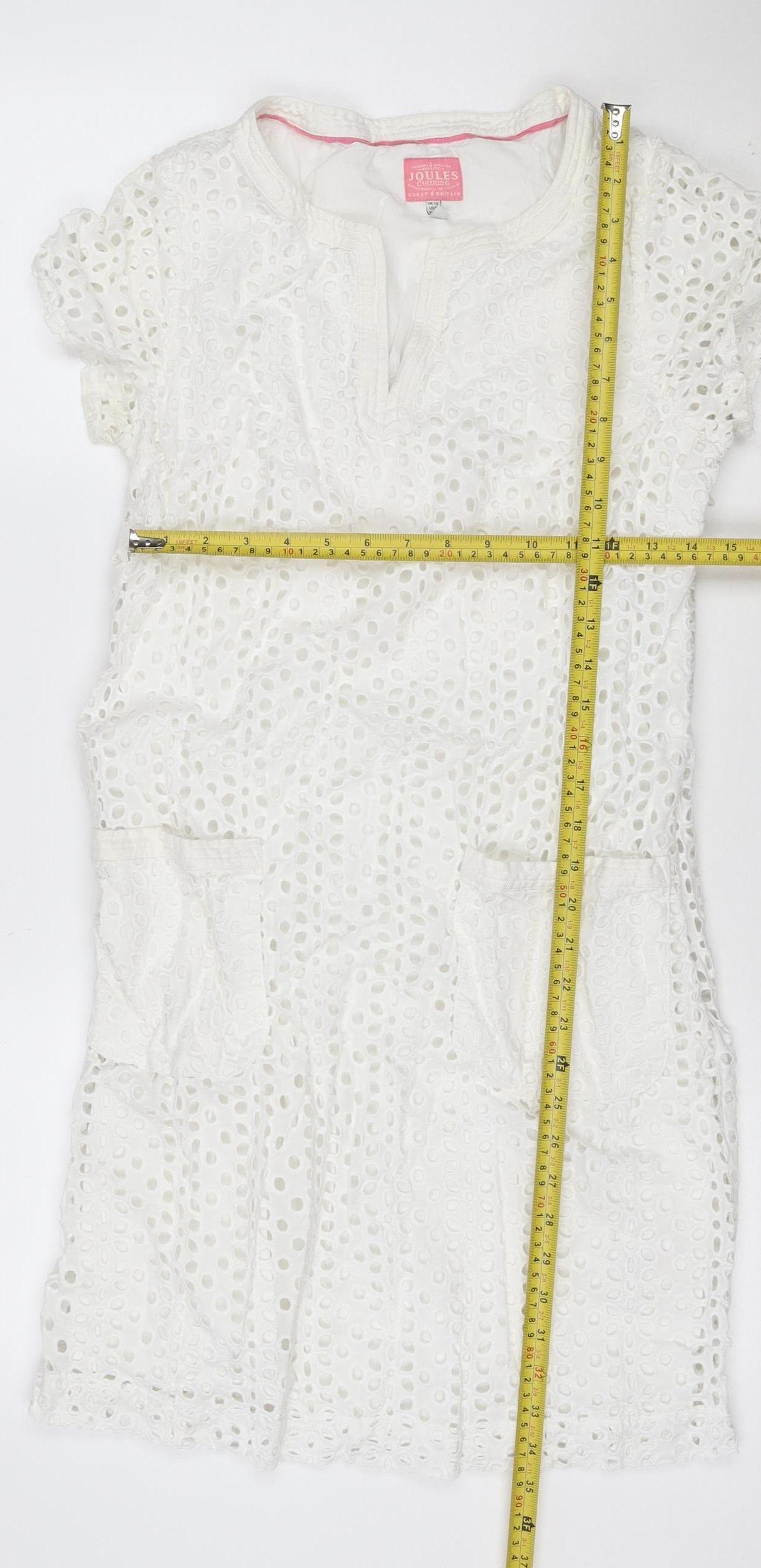 Joules Women White Cotton Broderie Shift Dress UK 12 Knee Length