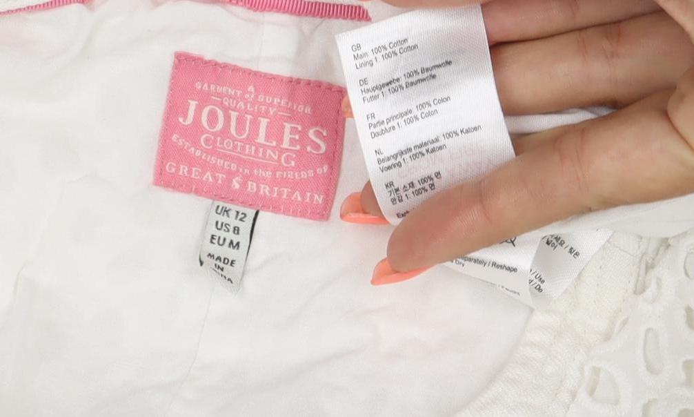 Joules Women White Cotton Broderie Shift Dress UK 12 Knee Length