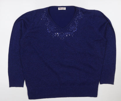 Bonmarché Women’s Blue L Sparkle Embellished V-Neck Knit Jumper
