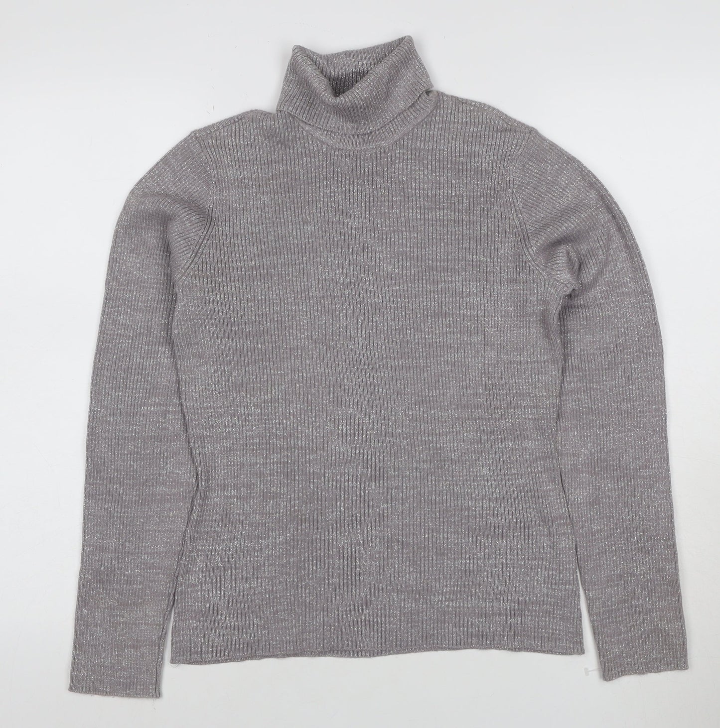 Style & Co. Women’s Silver Metallic Ribbed Roll Neck Jumper L