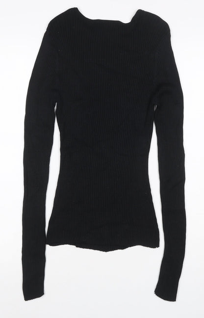 Selfridges Women Black M 100% Silk Rib Knit Long Sleeve Slim Top