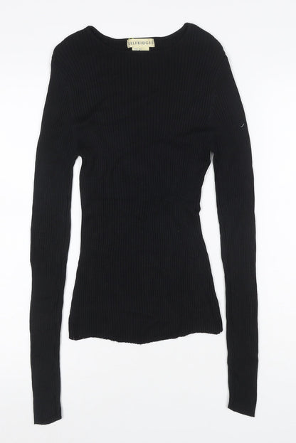 Selfridges Women Black M 100% Silk Rib Knit Long Sleeve Slim Top