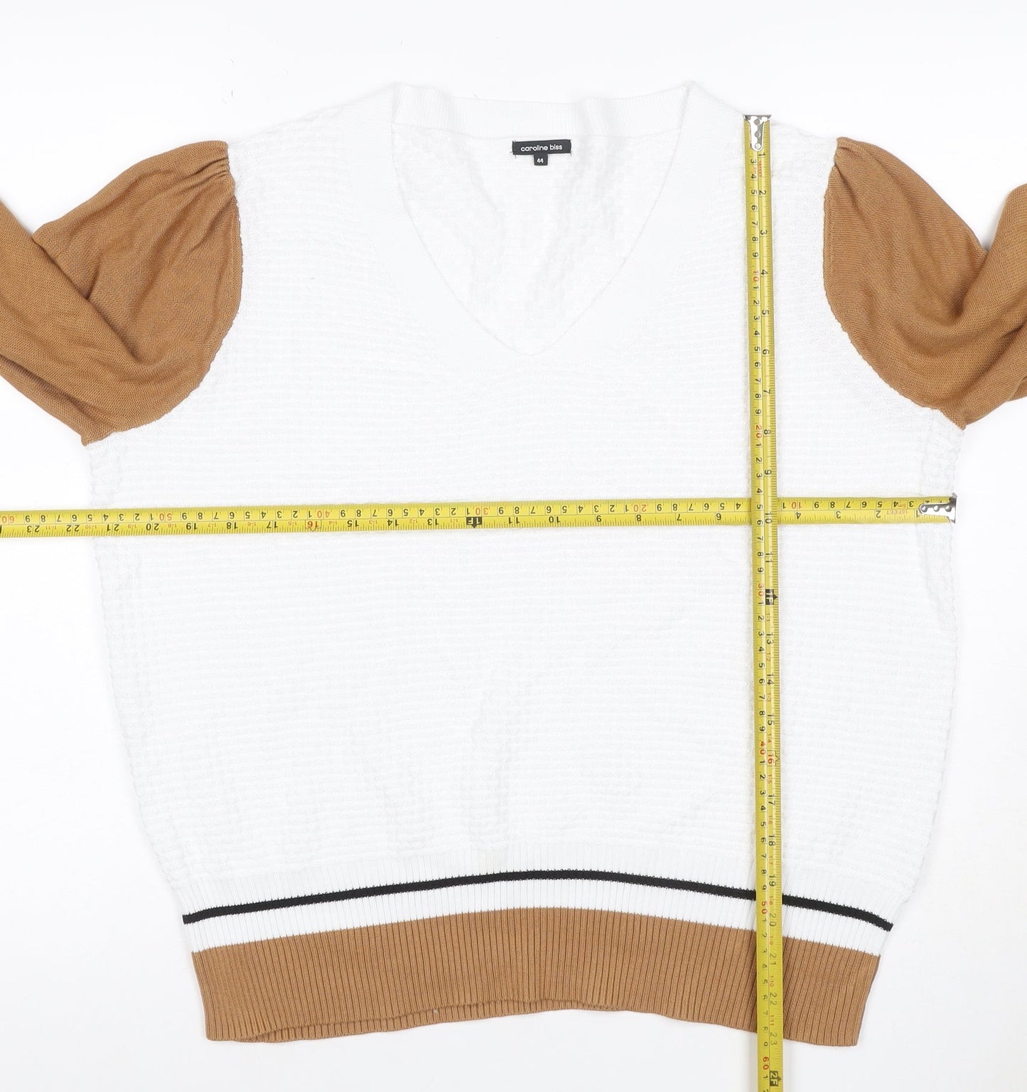 Caroline Biss Women’s UK 16 White Camel V-Neck Puff Sleeve Jumper