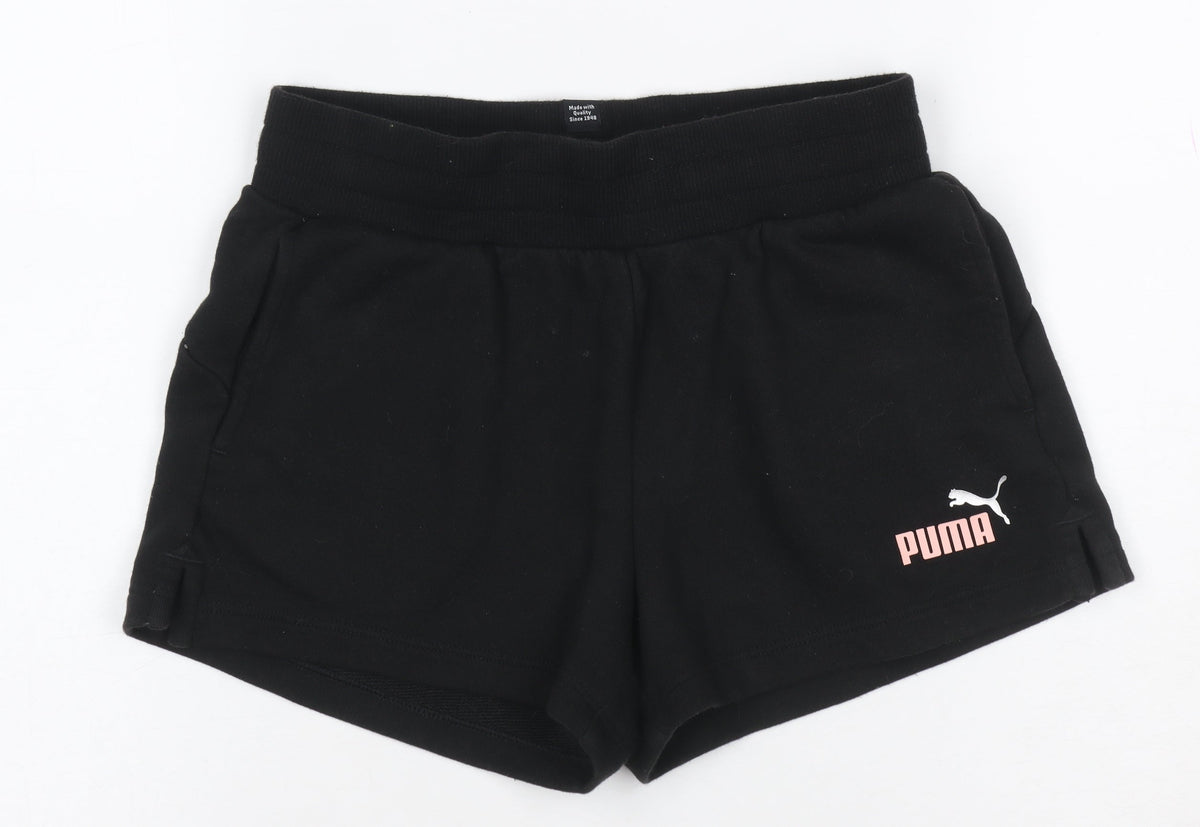 Puma Girls Black Pink Logo Athletic Jersey Shorts UK 10 Years
