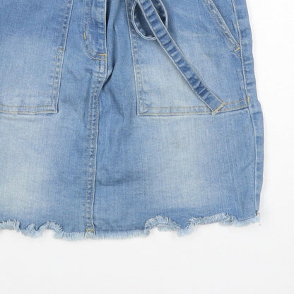 YOUZ Women Blue UK 8 Denim Mini Straight Pencil Skirt Belt Pockets