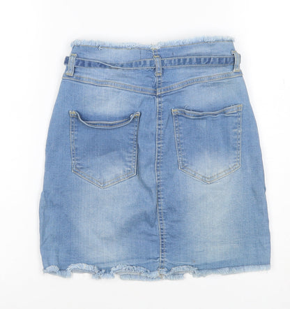 YOUZ Women Blue UK 8 Denim Mini Straight Pencil Skirt Belt Pockets