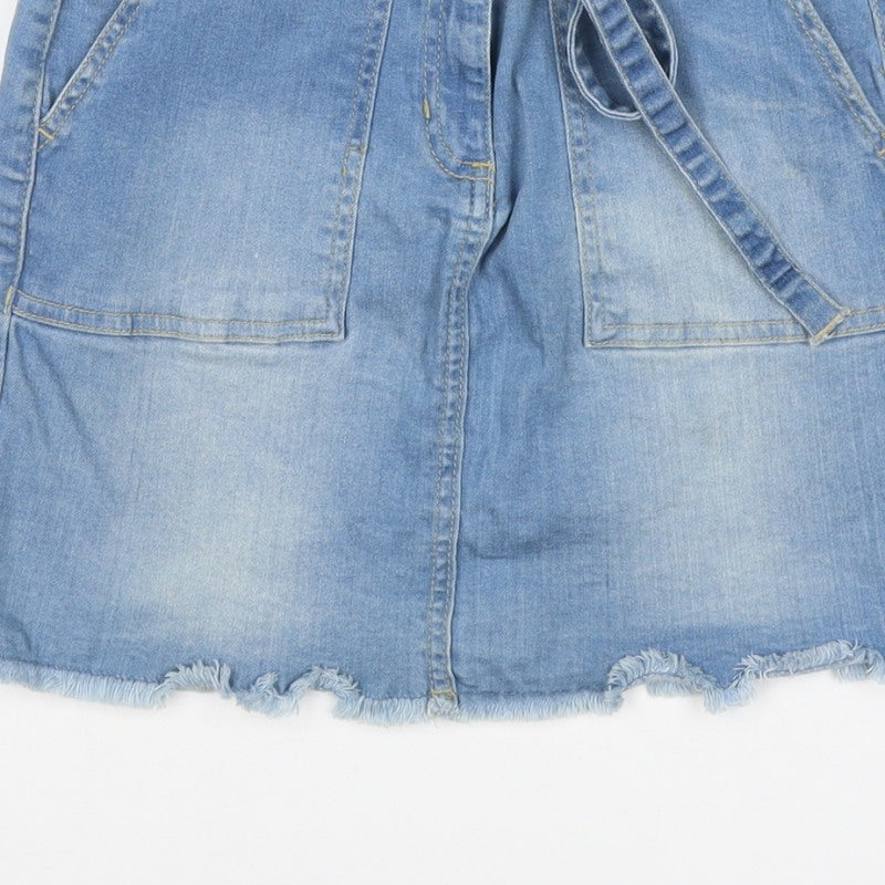 YOUZ Women Blue UK 8 Denim Mini Straight Pencil Skirt Belt Pockets