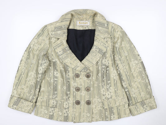 Roman Originals Women Beige Floral Stripe Size 16 Double-Breasted Blazer