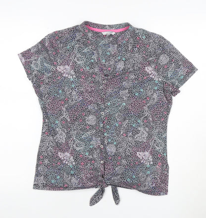 Per Una Women Grey Floral Shell Print Tie Front Button Top UK 12