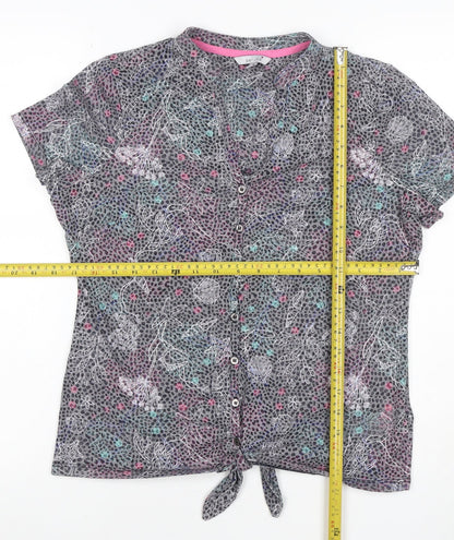 Per Una Women Grey Floral Shell Print Tie Front Button Top UK 12