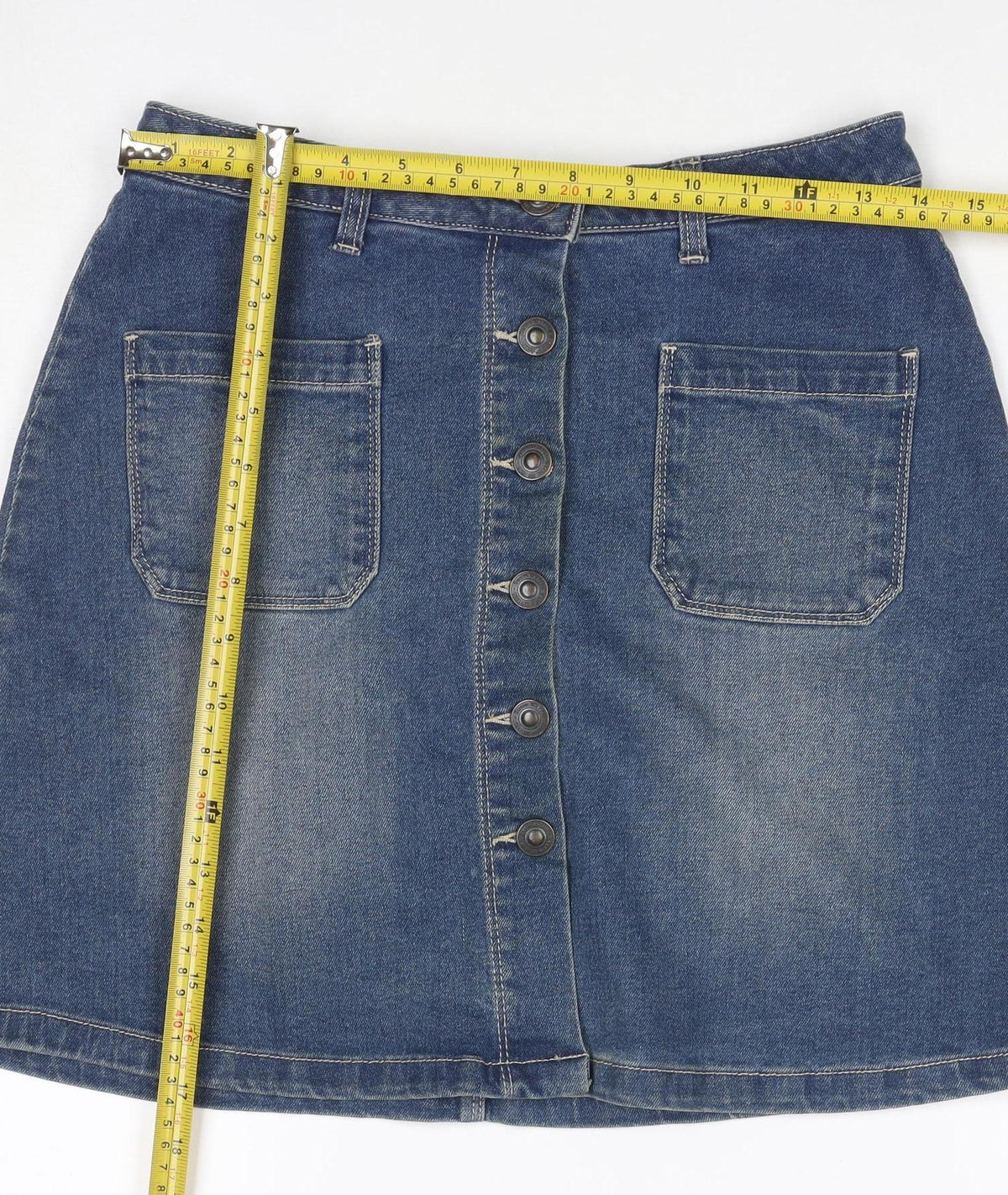 Avenue Women Blue Denim A-Line Mini Skirt Size 8 Button Pockets