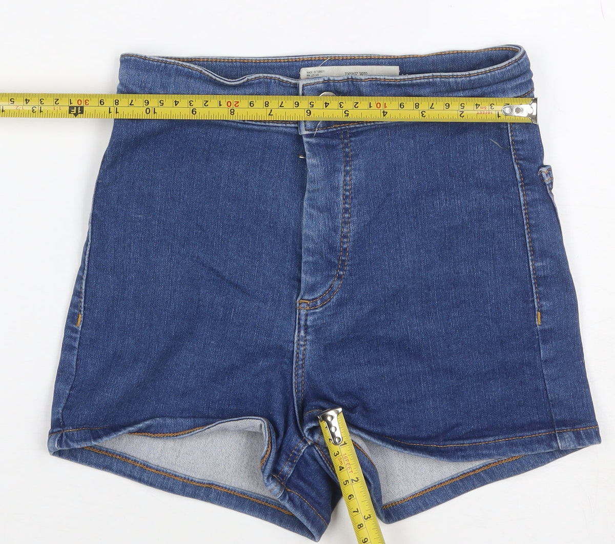 Topshop MOTO Women’s Blue Denim Hot Pants Shorts UK 6 High Rise Stretch