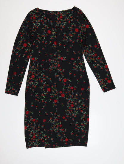 Laura Ashley Women Black Floral Ruched Midi Sheath Dress UK 14