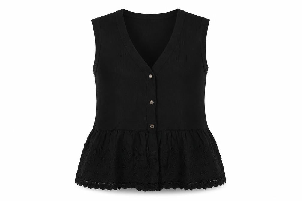 Marks and Spencer Women Black Large Sleeveless V-Neck Lace Tunic Top