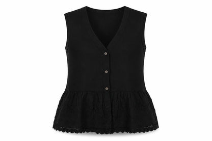 Marks and Spencer Women Black Large Sleeveless V-Neck Lace Tunic Top