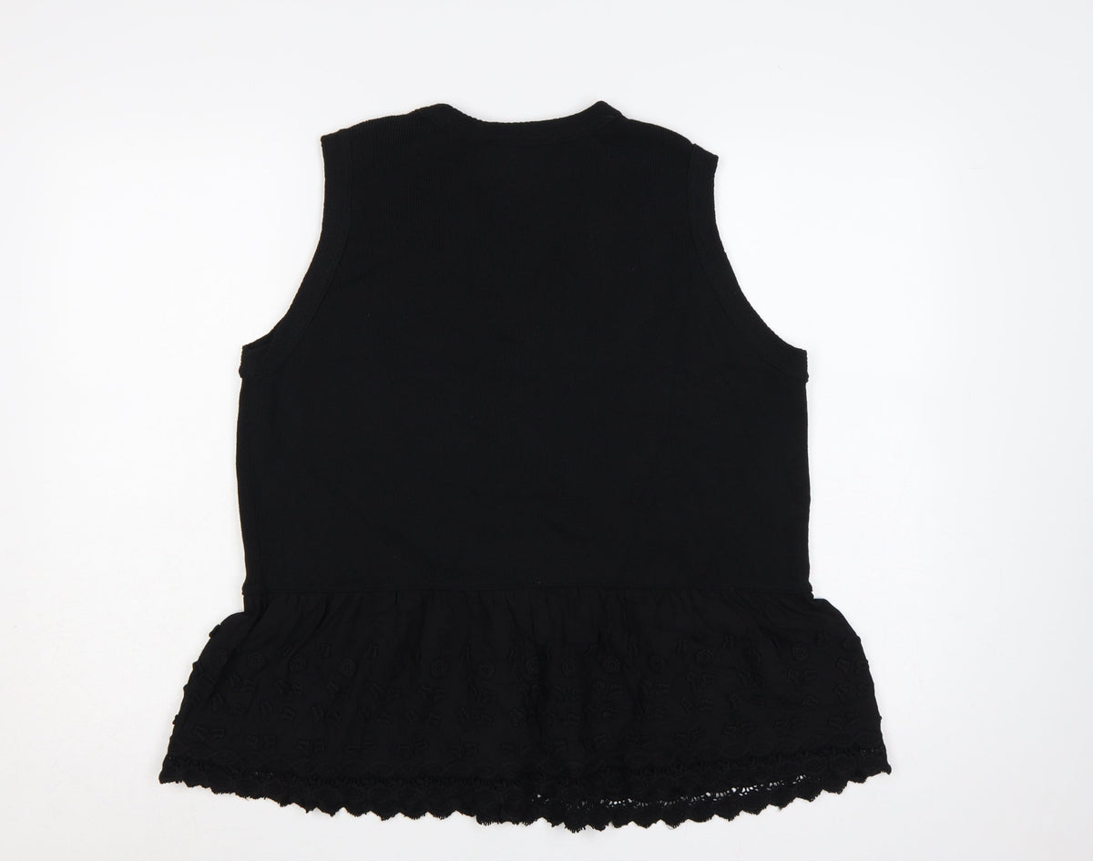 Marks and Spencer Women Black Large Sleeveless V-Neck Lace Tunic Top