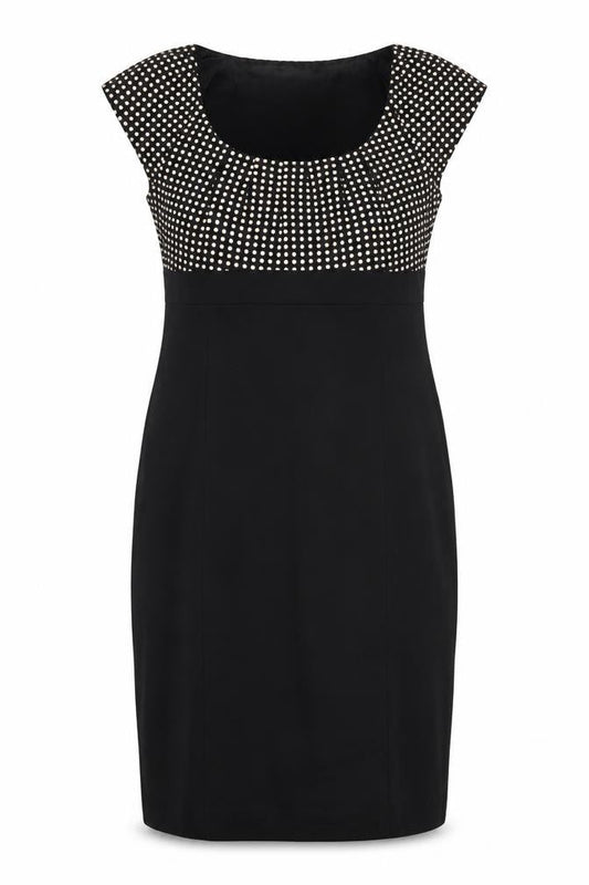 Front view of Linea Women’s Black Polka Dot Jacquard Sheath Dress UK 12
