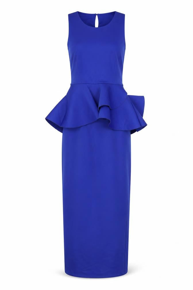 Front view of ASOS Women’s Blue UK 8 Long Sheath Peplum Occasion Dress