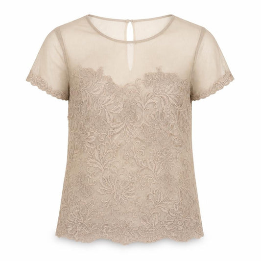 Karen Millen Women Beige UK 12 Floral Lace Mesh Short Sleeve Blouse