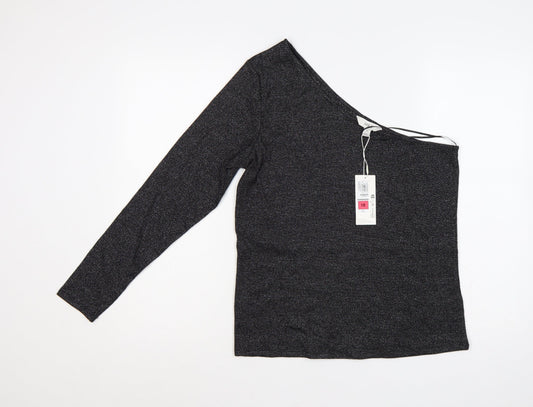 Marks & Spencer Women Black Glitter One Shoulder Long Sleeve Knit Top UK 18