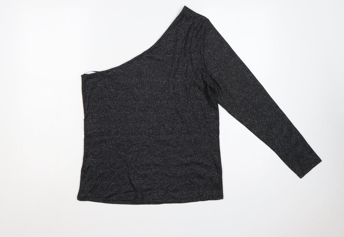 Marks & Spencer Women Black Glitter One Shoulder Long Sleeve Knit Top UK 18