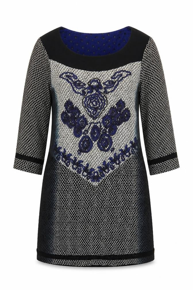Cream Women Black Blue Embroidered Shift Dress UK 12 3/4 Sleeve