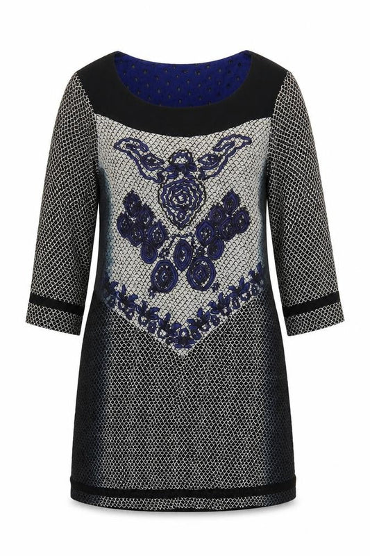 Cream Women Black Blue Embroidered Shift Dress UK 12 3/4 Sleeve