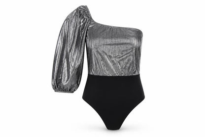 Club L London Women Silver UK 10 One Shoulder Metallic Bodysuit