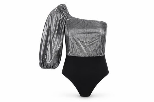 Club L London Women Silver UK 10 One Shoulder Metallic Bodysuit
