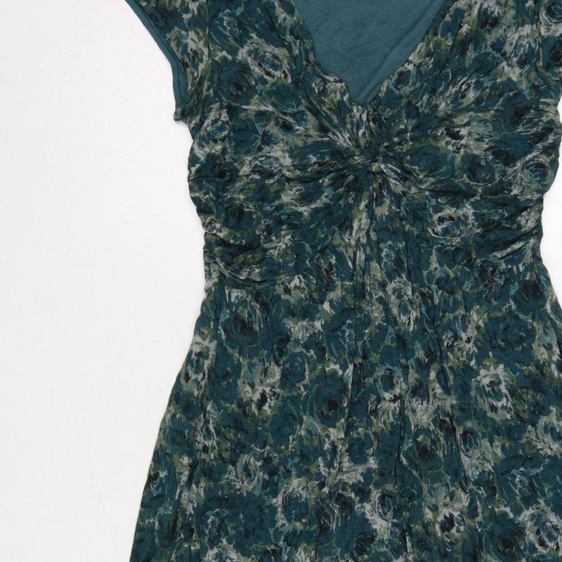 Jigsaw Women Green Floral M Fit & Flare Knee Length V-Neck Jersey Dress