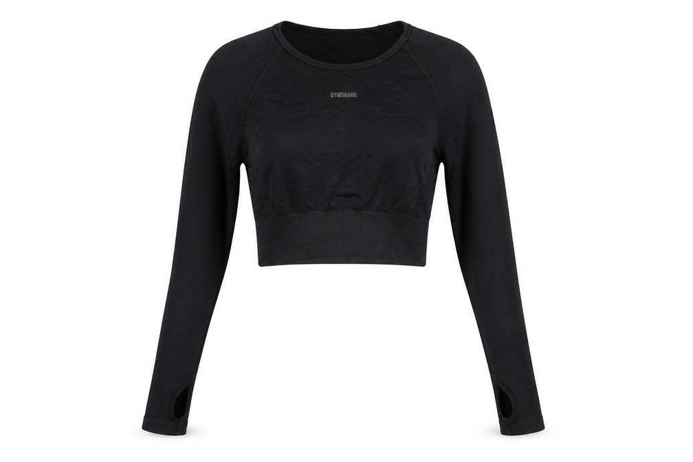 Gymshark Women Black S Cropped Long Sleeve Athletic Gym Top
