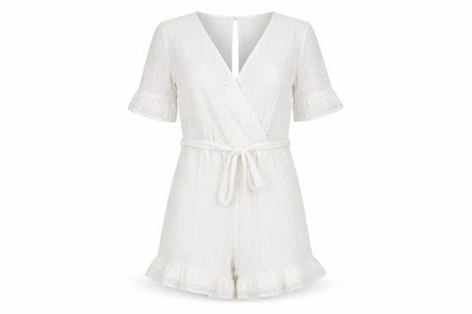 Quiz Women White Cotton Broderie Anglaise Belted Playsuit UK 8