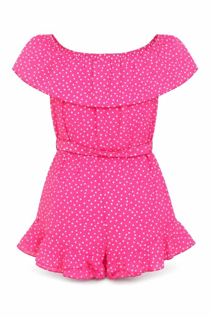 Quiz Women Pink Polka Dot Off Shoulder Playsuit UK 8 Ruffle Belted