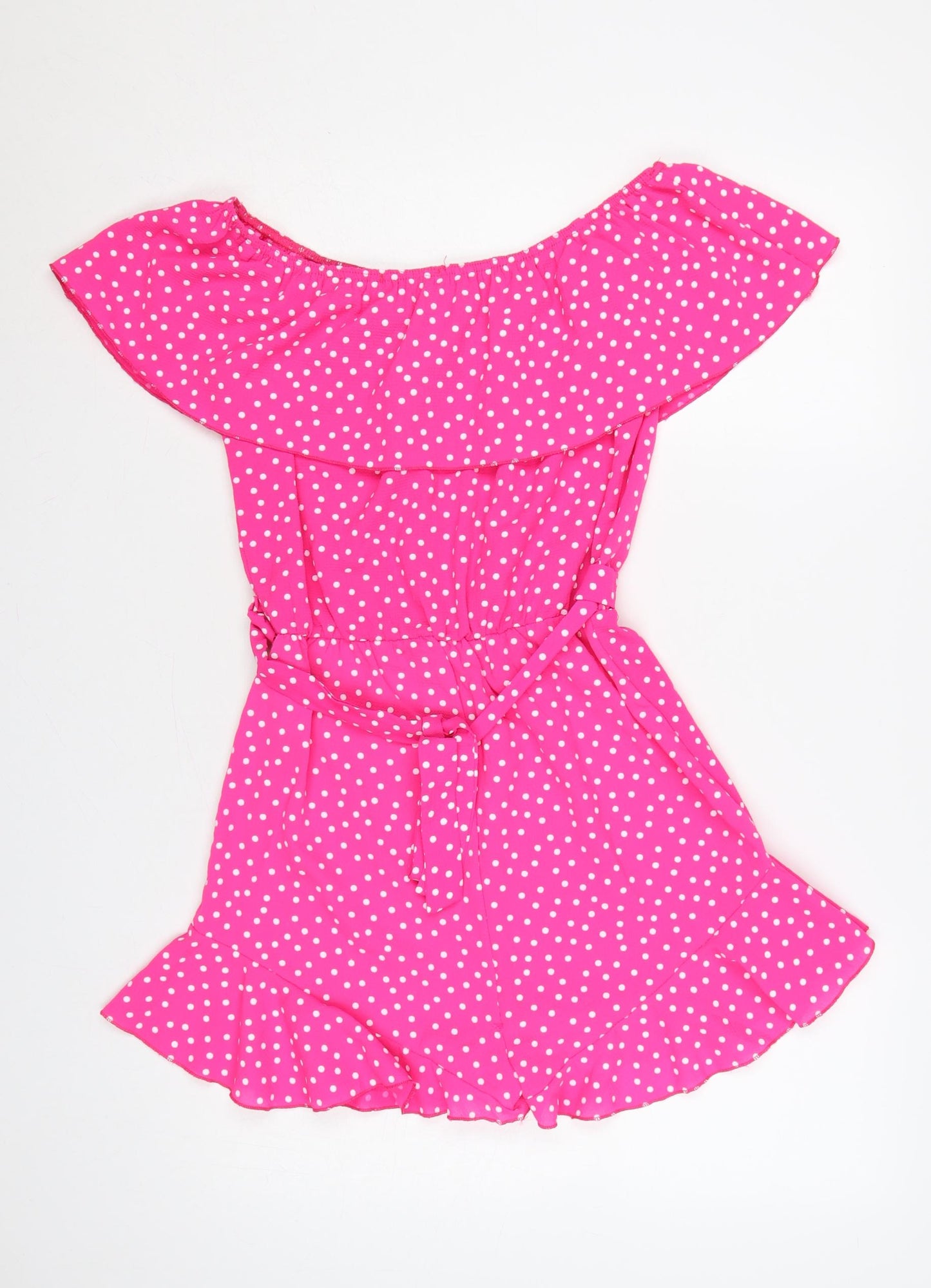 Quiz Women Pink Polka Dot Off Shoulder Playsuit UK 8 Ruffle Belted
