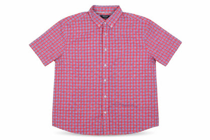 Maine New England Men’s Pink Blue Check Cotton Button-Down Short Sleeve Shirt L