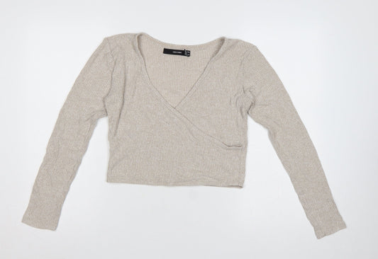 Vero Moda Women Beige M Rib Knit Wrap V-Neck Long Sleeve Blouse
