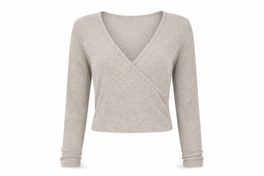 Vero Moda Women Beige M Rib Knit Wrap V-Neck Long Sleeve Blouse