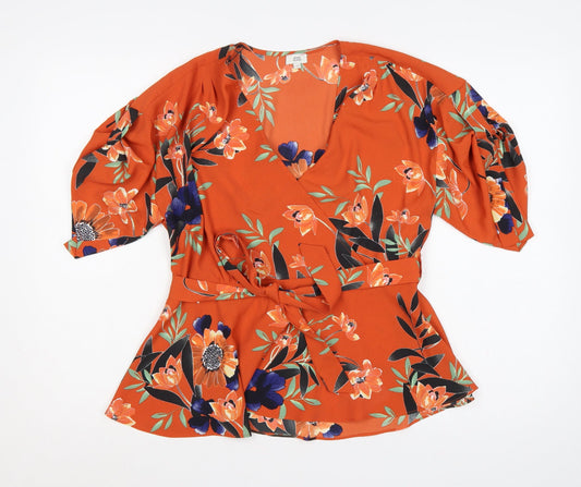 River Island Women Orange Floral Wrap Tie Blouse Size 12 Kimono Sleeve