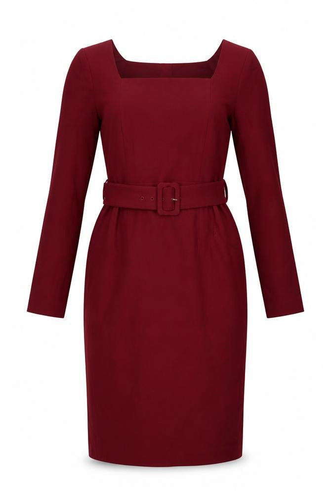 LK Bennett Women Burgundy UK 8 Pencil Dress Belted Square Neck