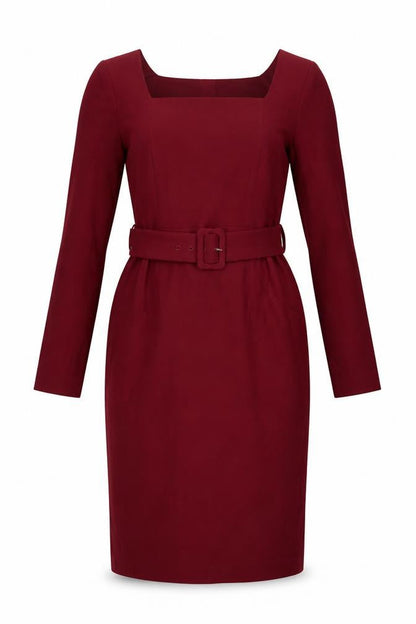 LK Bennett Women Burgundy UK 8 Pencil Dress Belted Square Neck