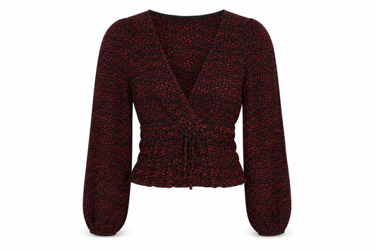 Zara Women Red Black Leopard Print Pleated Wrap Blouse UK 12 Long Sleeve