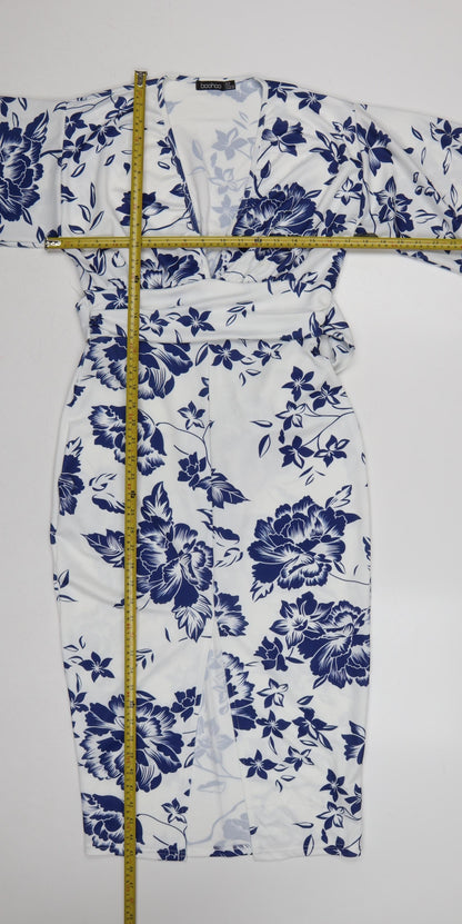 Boohoo Women White Blue Floral Wrap Dress UK 12 Long Sleeve