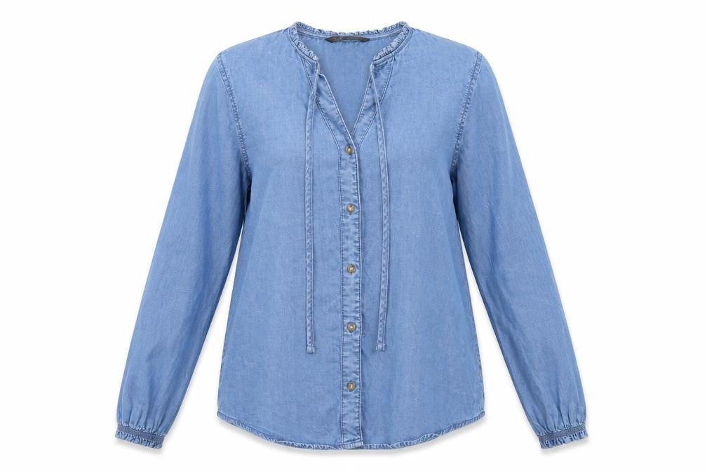 Dunnes Stores Women Blue S Lyocell Chambray Ruffle Button-Up Shirt