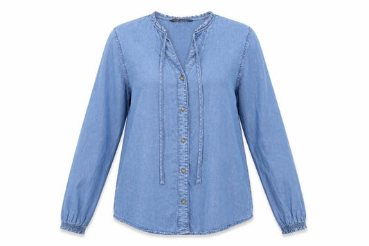 Dunnes Stores Women Blue S Lyocell Chambray Ruffle Button-Up Shirt