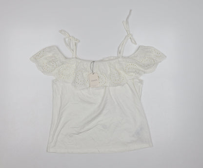 Oasis Women White M Cotton Broderie Anglaise Ruffle Tie Strap Camisole Top