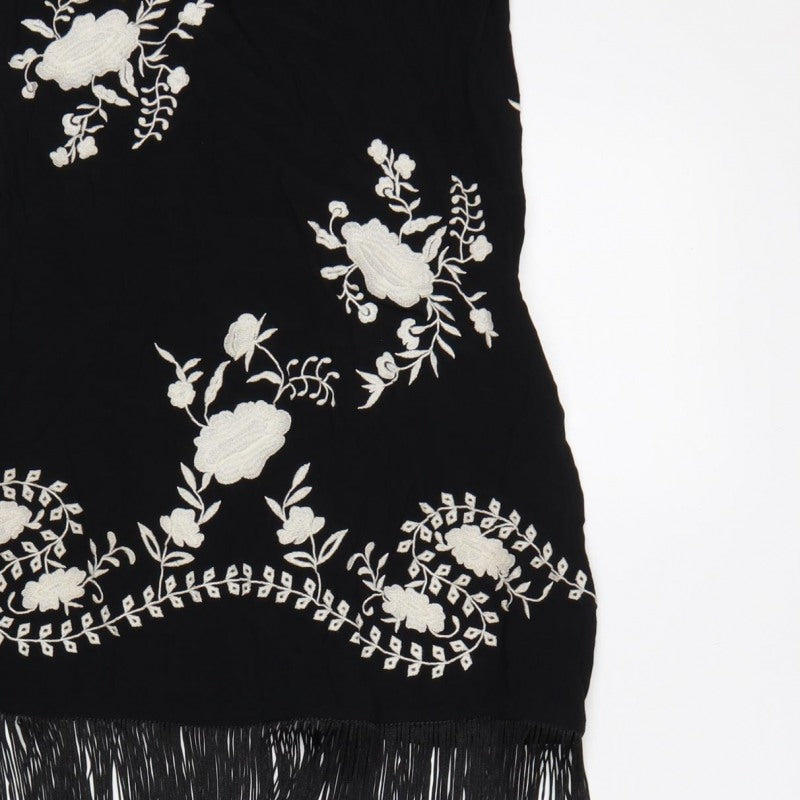 Nasty Gal Women Black UK 8 Floral Embroidered Fringe Slip Dress