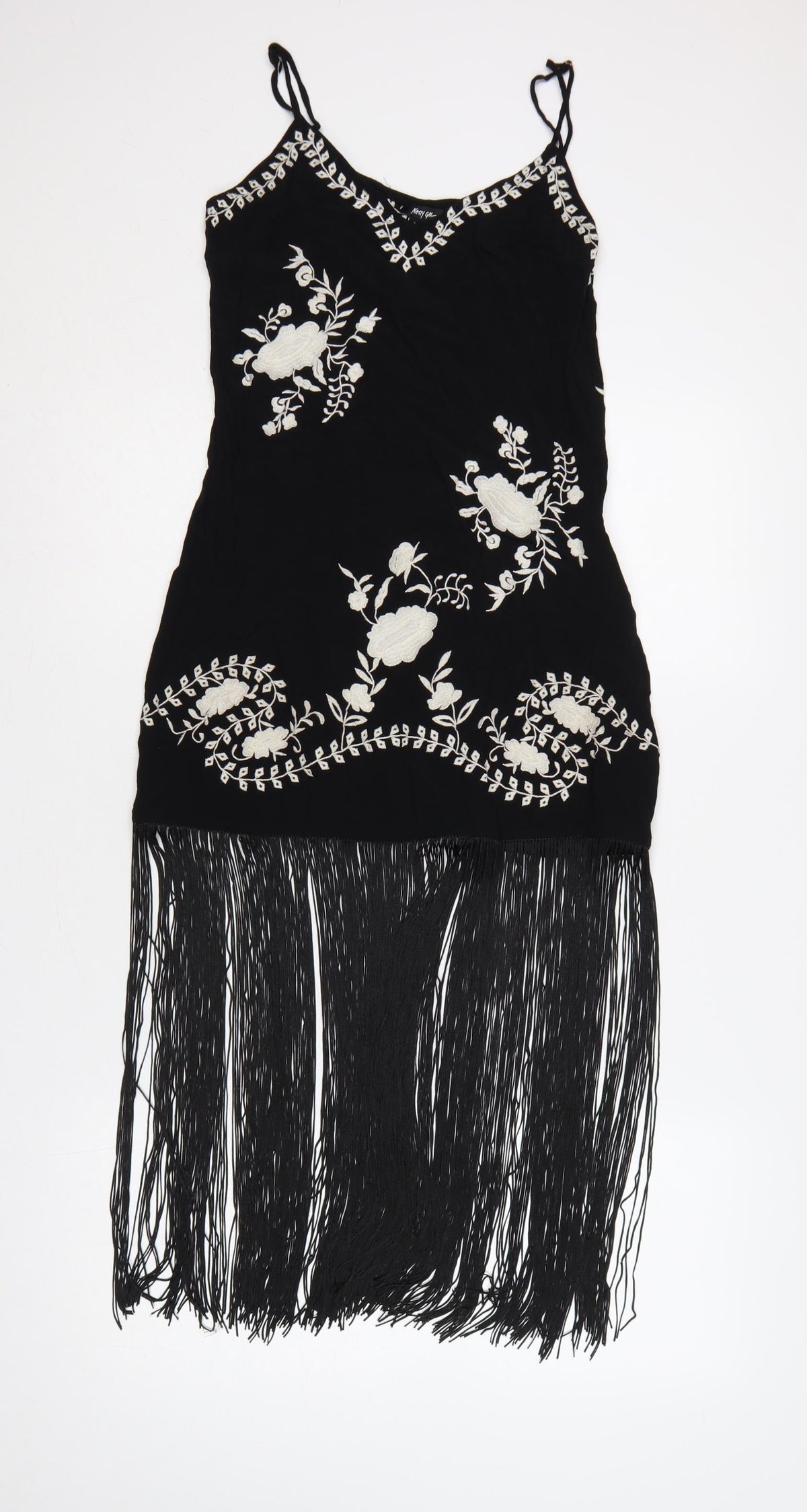 Nasty Gal Women Black UK 8 Floral Embroidered Fringe Slip Dress