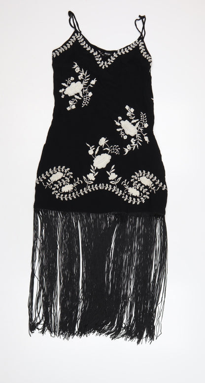 Nasty Gal Women Black UK 8 Floral Embroidered Fringe Slip Dress