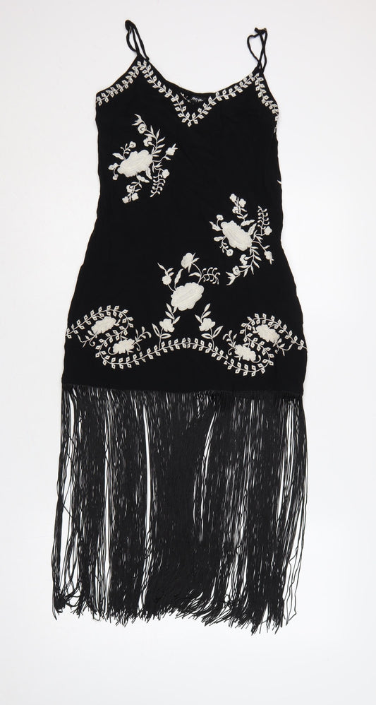Nasty Gal Women Black UK 8 Floral Embroidered Fringe Slip Dress